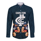 personalised-calrton-football-long-sleeve-button-shirt-blues-go-champions-2023-polynesian-indigenous-art