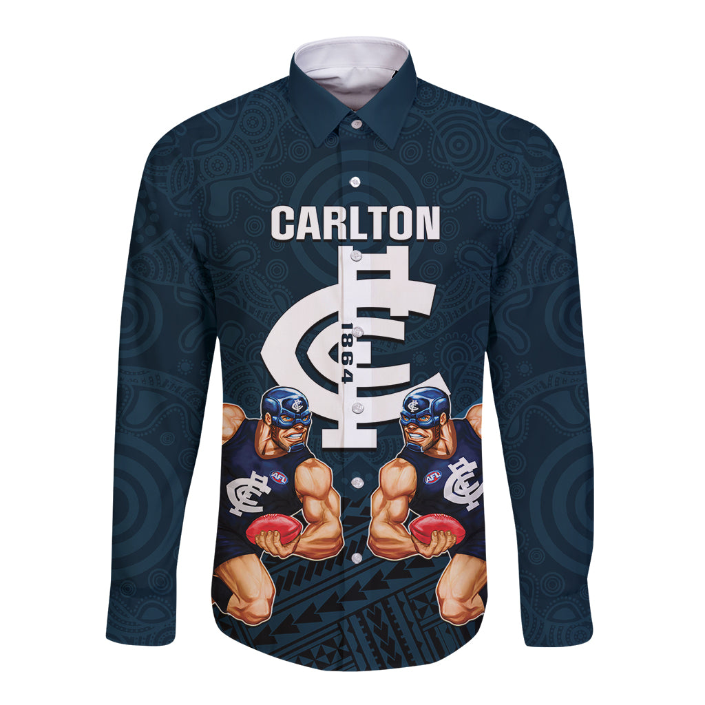 personalised-calrton-football-long-sleeve-button-shirt-blues-go-champions-2023-polynesian-indigenous-art