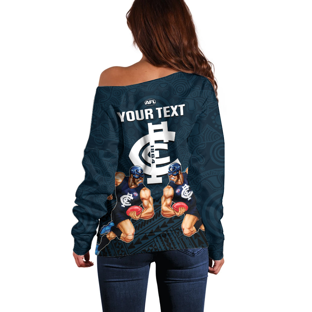 personalised-calrton-football-off-shoulder-sweater-blues-go-champions-2023-polynesian-indigenous-art