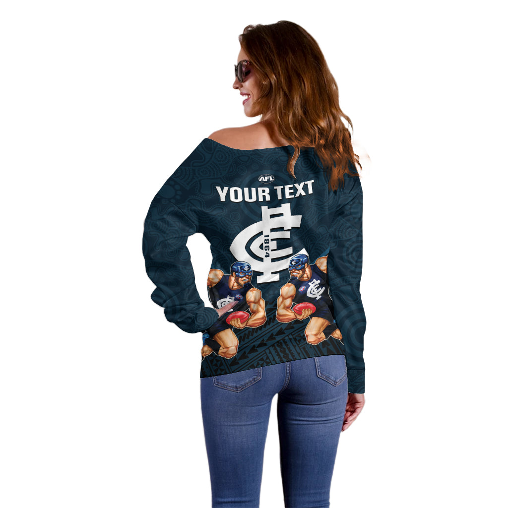personalised-calrton-football-off-shoulder-sweater-blues-go-champions-2023-polynesian-indigenous-art