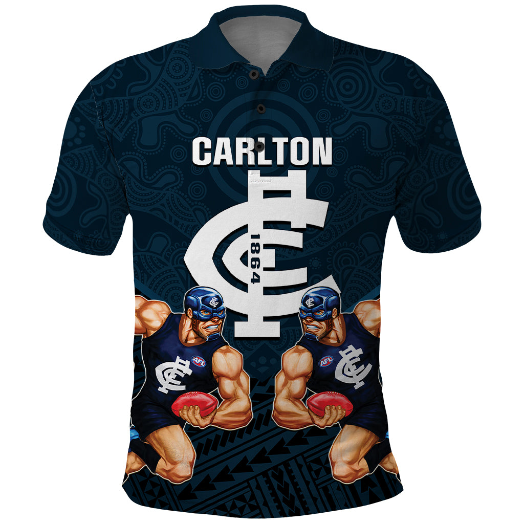 personalised-calrton-football-polo-shirt-blues-go-champions-2023-polynesian-indigenous-art