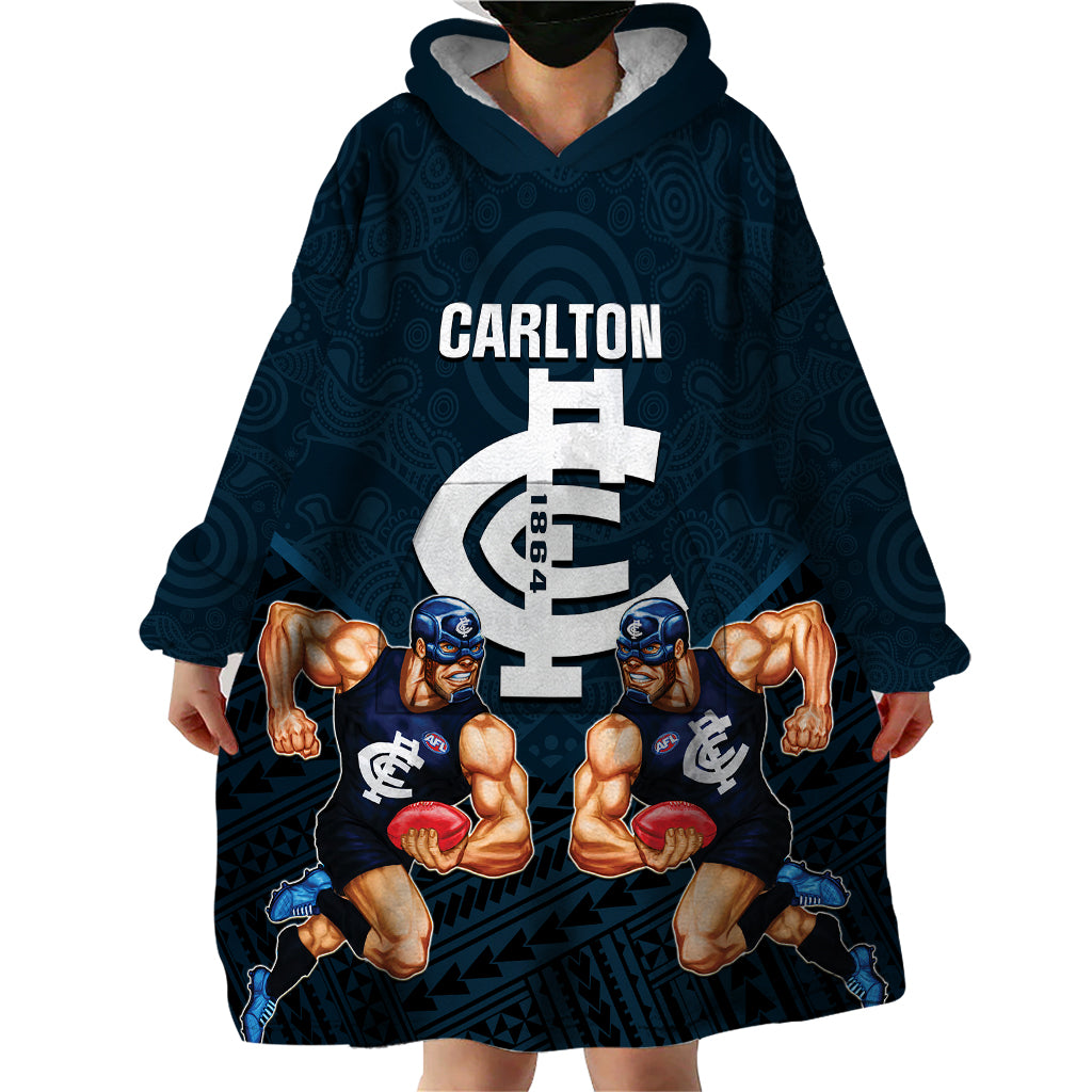 personalised-calrton-football-wearable-blanket-hoodie-blues-go-champions-2023-polynesian-indigenous-art