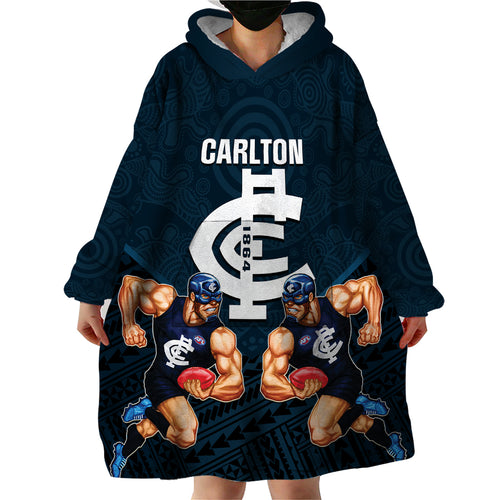 personalised-calrton-football-wearable-blanket-hoodie-blues-go-champions-2023-polynesian-indigenous-art