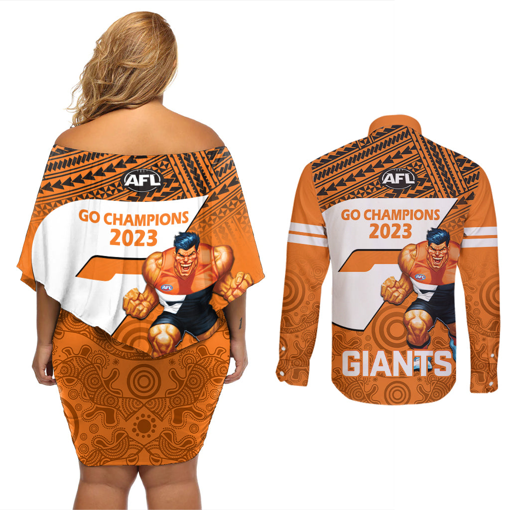 giants-football-couples-matching-off-shoulder-short-dress-and-long-sleeve-button-shirts-gws-go-champions-2023-polynesian-indigenous-art