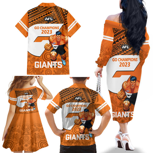 giants-football-family-matching-off-shoulder-long-sleeve-dress-and-hawaiian-shirt-gws-go-champions-2023-polynesian-indigenous-art