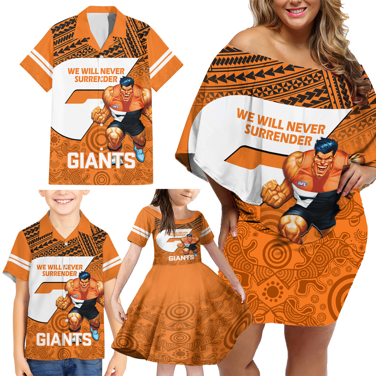 giants-football-family-matching-off-shoulder-short-dress-and-hawaiian-shirt-gws-go-champions-2023-polynesian-indigenous-art