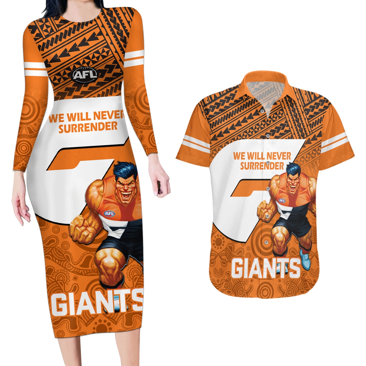 personalised-giants-football-couples-matching-long-sleeve-bodycon-dress-and-hawaiian-shirt-gws-go-champions-2023-polynesian-indigenous-art