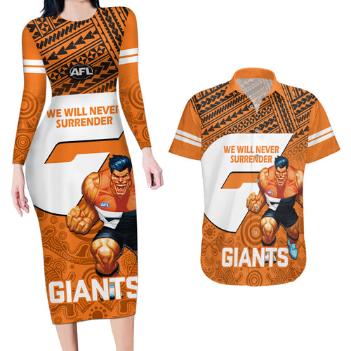 personalised-giants-football-couples-matching-long-sleeve-bodycon-dress-and-hawaiian-shirt-gws-go-champions-2023-polynesian-indigenous-art