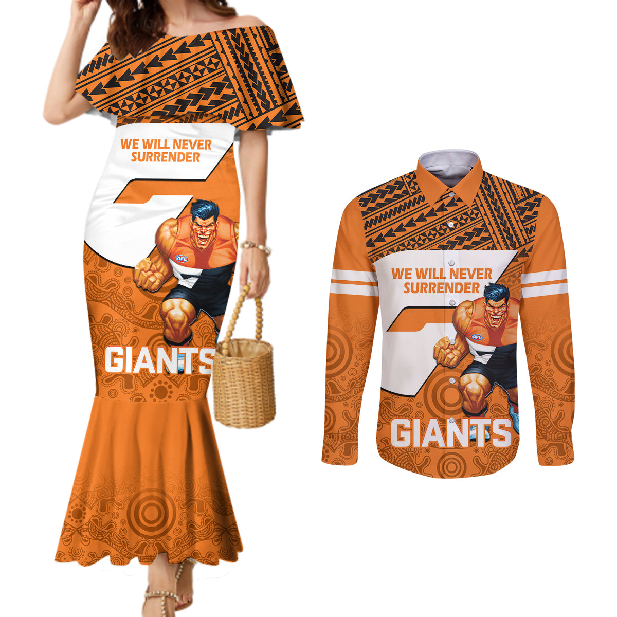 personalised-giants-football-couples-matching-mermaid-dress-and-long-sleeve-button-shirts-gws-go-champions-2023-polynesian-indigenous-art
