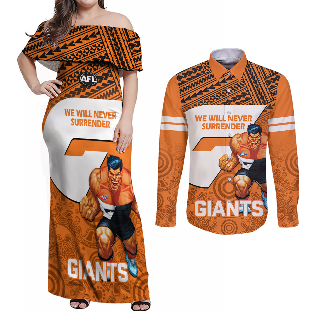 personalised-giants-football-couples-matching-off-shoulder-maxi-dress-and-long-sleeve-button-shirts-gws-go-champions-2023-polynesian-indigenous-art