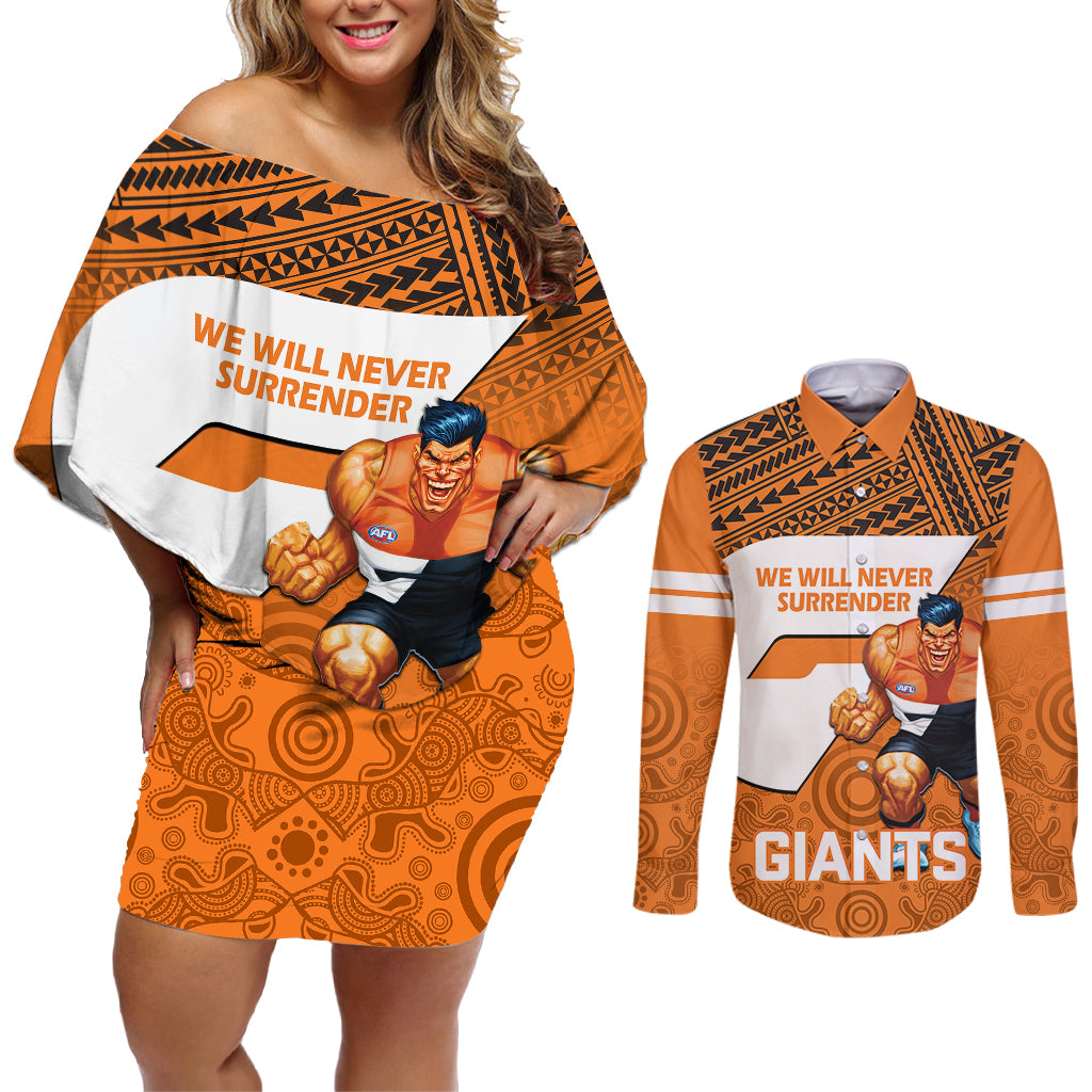 personalised-giants-football-couples-matching-off-shoulder-short-dress-and-long-sleeve-button-shirts-gws-go-champions-2023-polynesian-indigenous-art