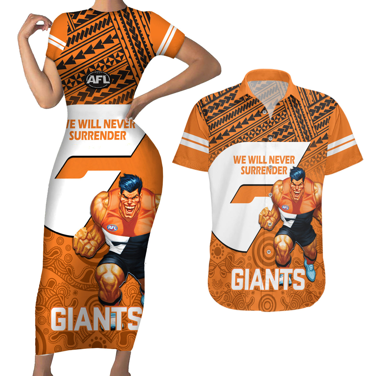 personalised-giants-football-couples-matching-short-sleeve-bodycon-dress-and-hawaiian-shirt-gws-go-champions-2023-polynesian-indigenous-art
