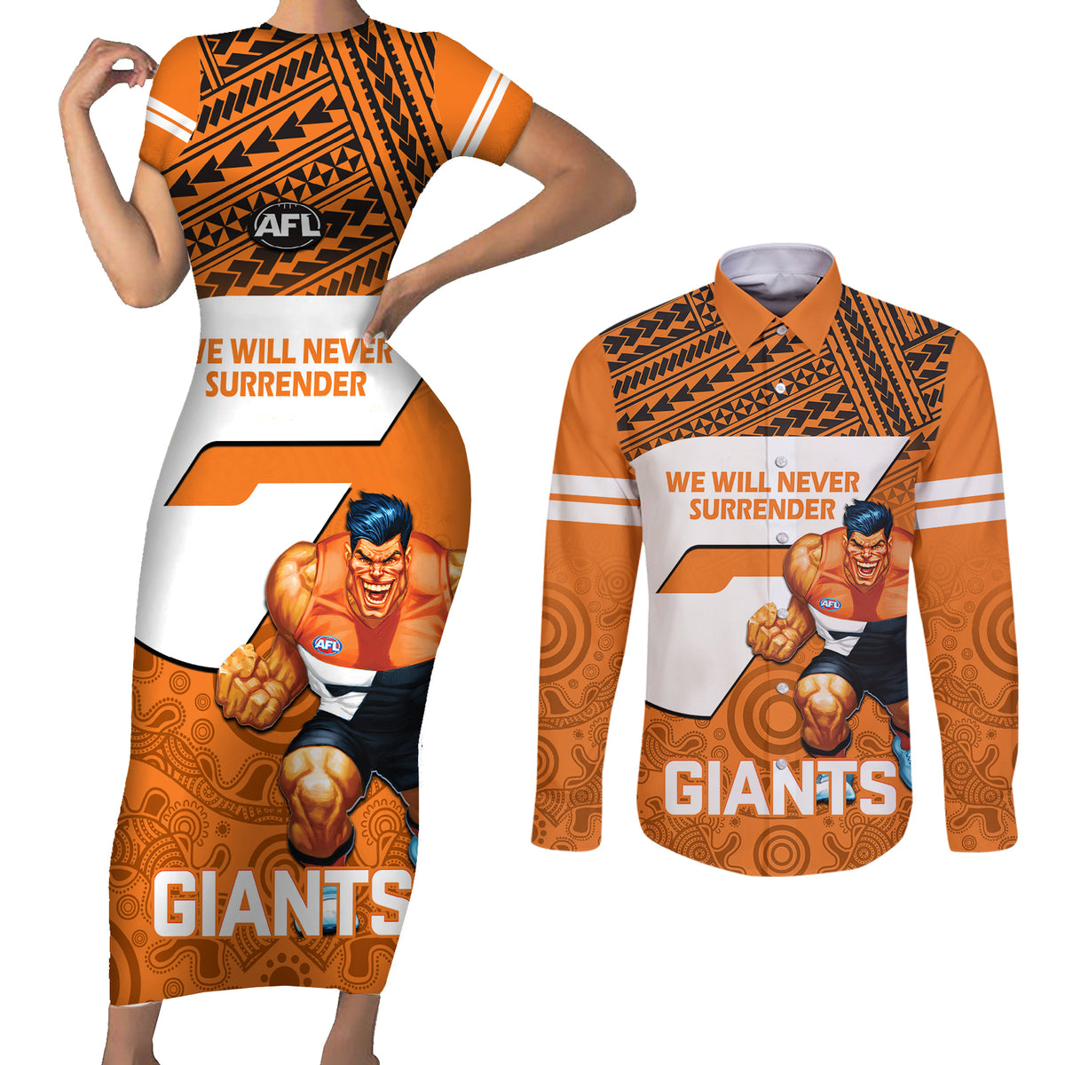 personalised-giants-football-couples-matching-short-sleeve-bodycon-dress-and-long-sleeve-button-shirts-gws-go-champions-2023-polynesian-indigenous-art