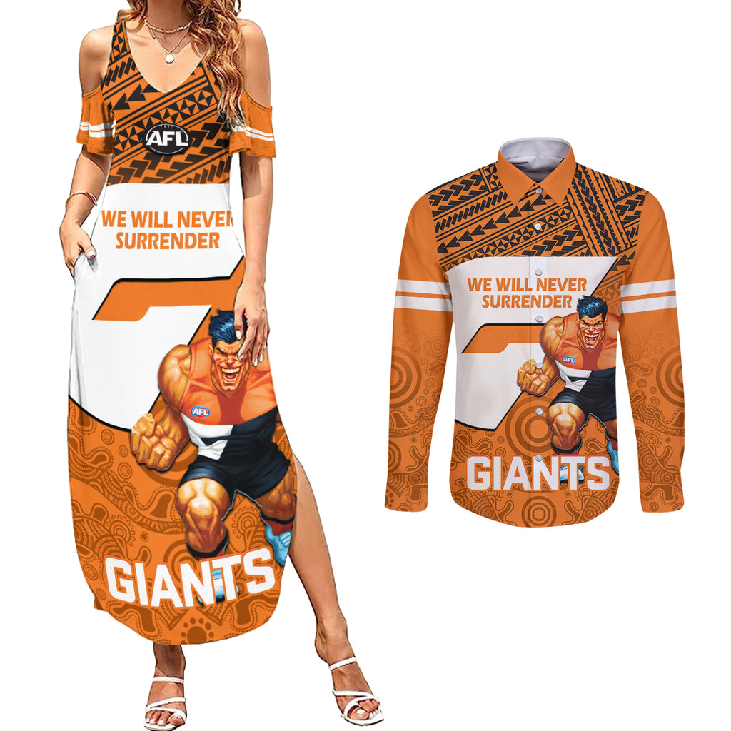 personalised-giants-football-couples-matching-summer-maxi-dress-and-long-sleeve-button-shirts-gws-go-champions-2023-polynesian-indigenous-art