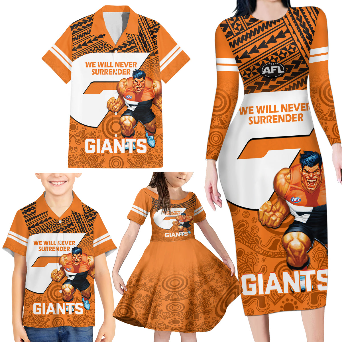 personalised-giants-football-family-matching-long-sleeve-bodycon-dress-and-hawaiian-shirt-gws-go-champions-2023-polynesian-indigenous-art