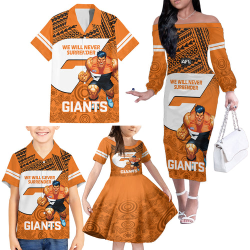 personalised-giants-football-family-matching-off-shoulder-long-sleeve-dress-and-hawaiian-shirt-gws-go-champions-2023-polynesian-indigenous-art