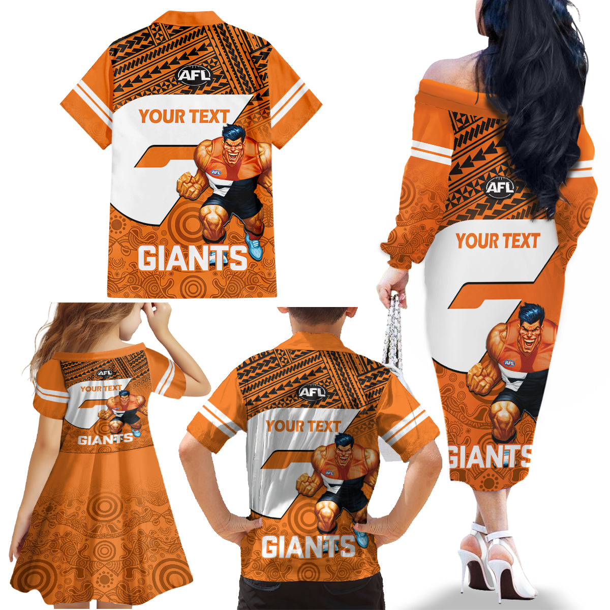 personalised-giants-football-family-matching-off-shoulder-long-sleeve-dress-and-hawaiian-shirt-gws-go-champions-2023-polynesian-indigenous-art