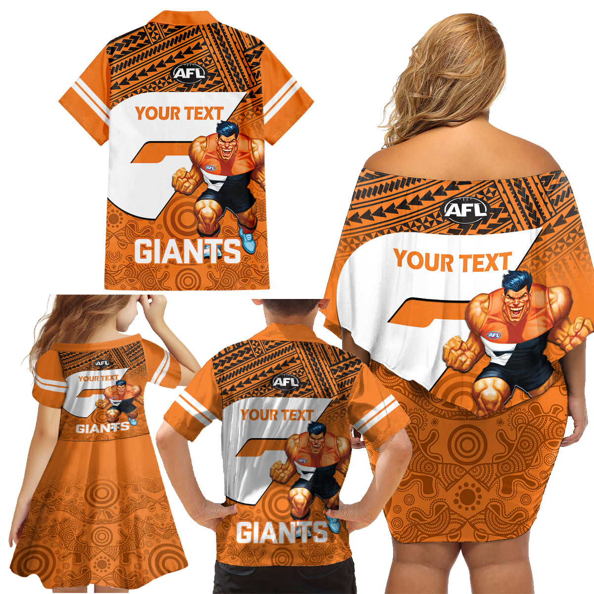 personalised-giants-football-family-matching-off-shoulder-short-dress-and-hawaiian-shirt-gws-go-champions-2023-polynesian-indigenous-art