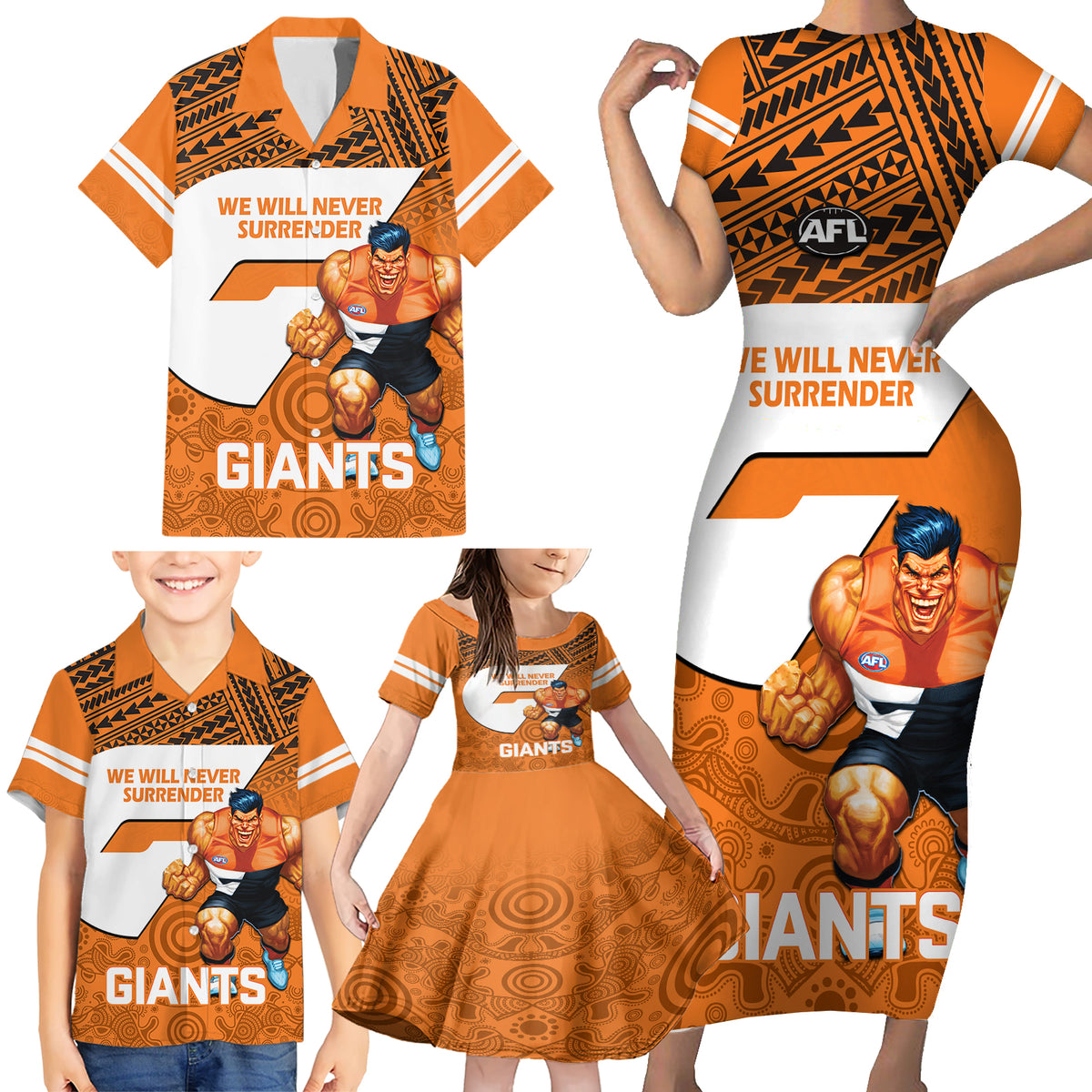 personalised-giants-football-family-matching-short-sleeve-bodycon-dress-and-hawaiian-shirt-gws-go-champions-2023-polynesian-indigenous-art