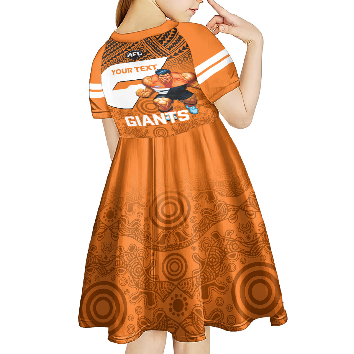 personalised-giants-football-kid-short-sleeve-dress-gws-go-champions-2023-polynesian-indigenous-art