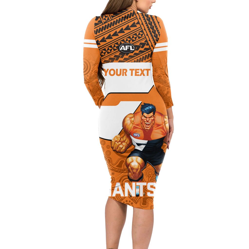 personalised-giants-football-long-sleeve-bodycon-dress-gws-go-champions-2023-polynesian-indigenous-art