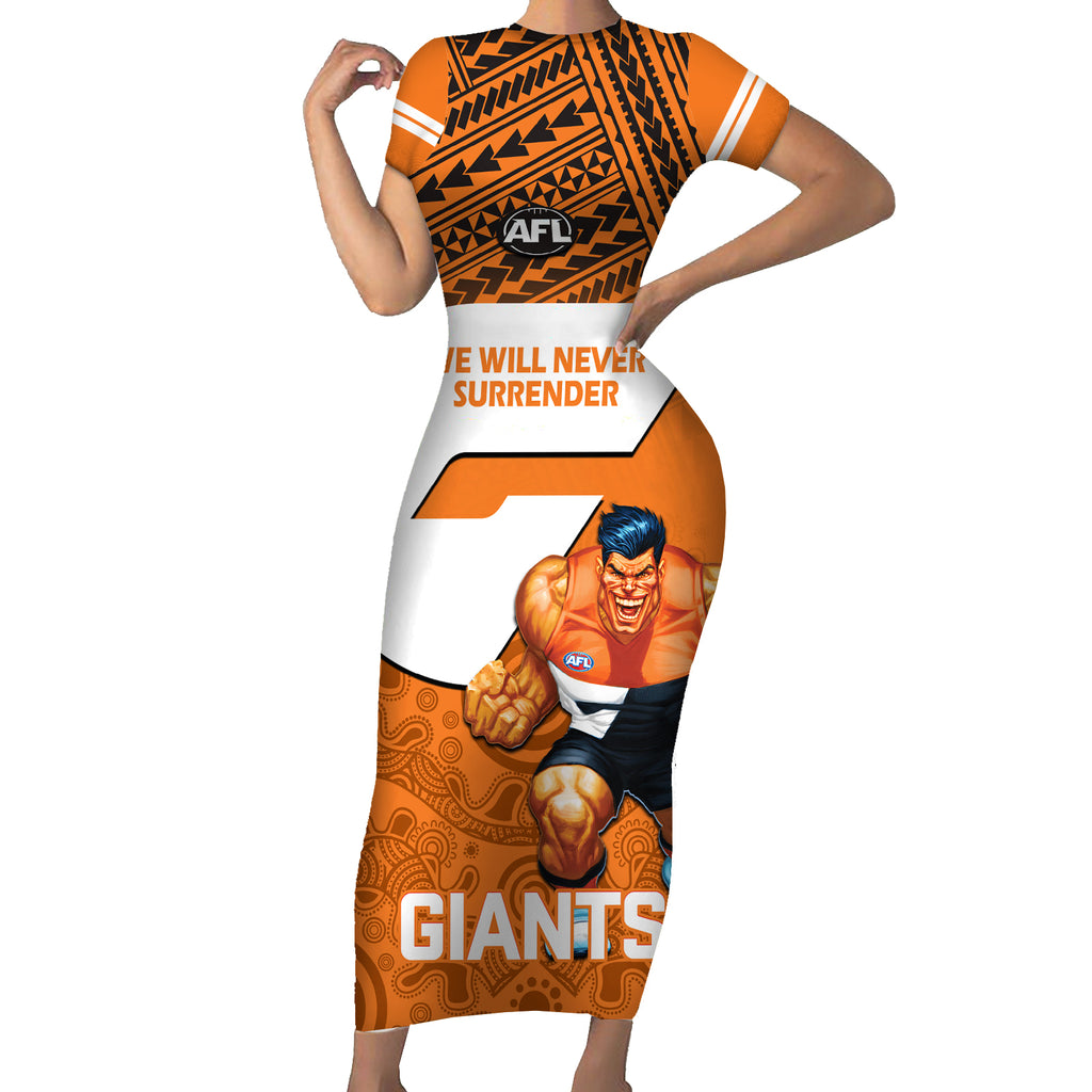 personalised-giants-football-short-sleeve-bodycon-dress-gws-go-champions-2023-polynesian-indigenous-art