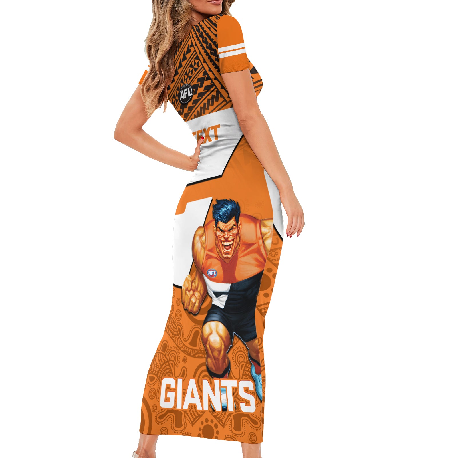 personalised-giants-football-short-sleeve-bodycon-dress-gws-go-champions-2023-polynesian-indigenous-art