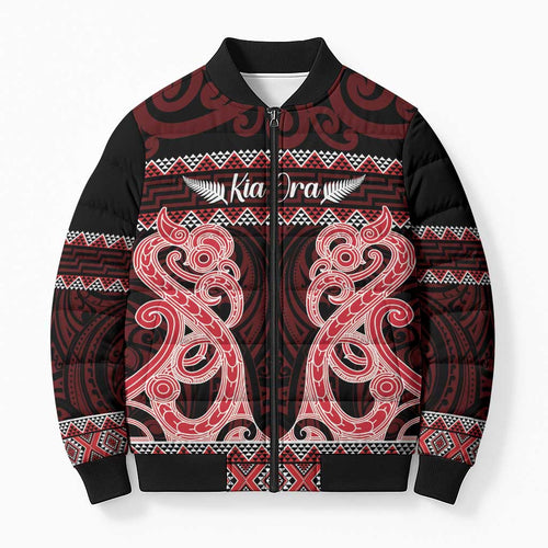 Kia Ora New Zealand Bomber Puffer Jacket Maori Language Week Whero Taniko Motif - Aussie Hoodie