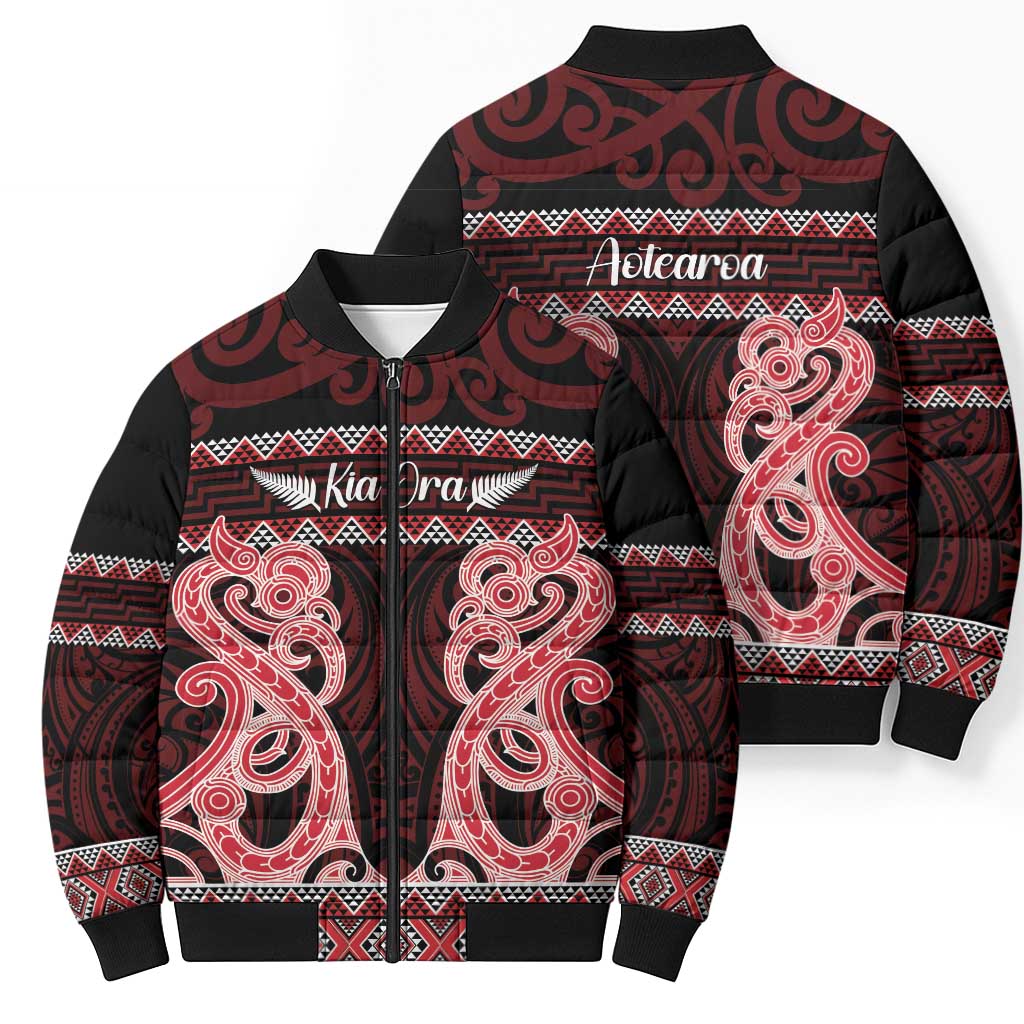 Kia Ora New Zealand Bomber Puffer Jacket Maori Language Week Whero Taniko Motif - Aussie Hoodie