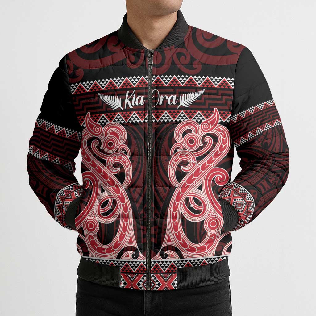Kia Ora New Zealand Bomber Puffer Jacket Maori Language Week Whero Taniko Motif - Aussie Hoodie