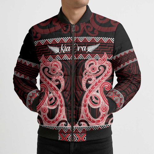 Kia Ora New Zealand Bomber Puffer Jacket Maori Language Week Whero Taniko Motif - Aussie Hoodie