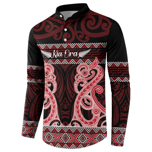 Kia Ora New Zealand Button Sweatshirt Maori Language Week Whero Taniko Motif - Aussie Hoodie