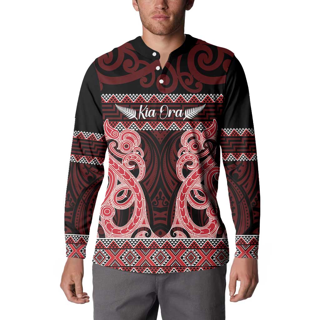 Kia Ora New Zealand Button Sweatshirt Maori Language Week Whero Taniko Motif - Aussie Hoodie