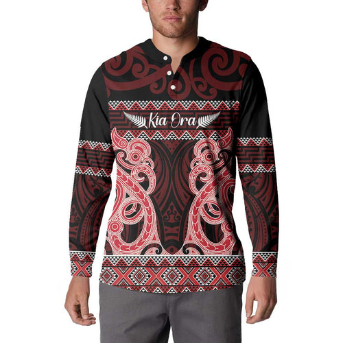 Kia Ora New Zealand Button Sweatshirt Maori Language Week Whero Taniko Motif - Aussie Hoodie