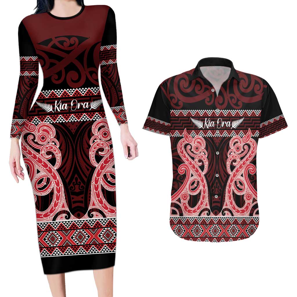Kia Ora New Zealand Couples Matching Long Sleeve Bodycon Dress and Hawaiian Shirt Maori Language Week Whero Taniko Motif - Aussie Hoodie