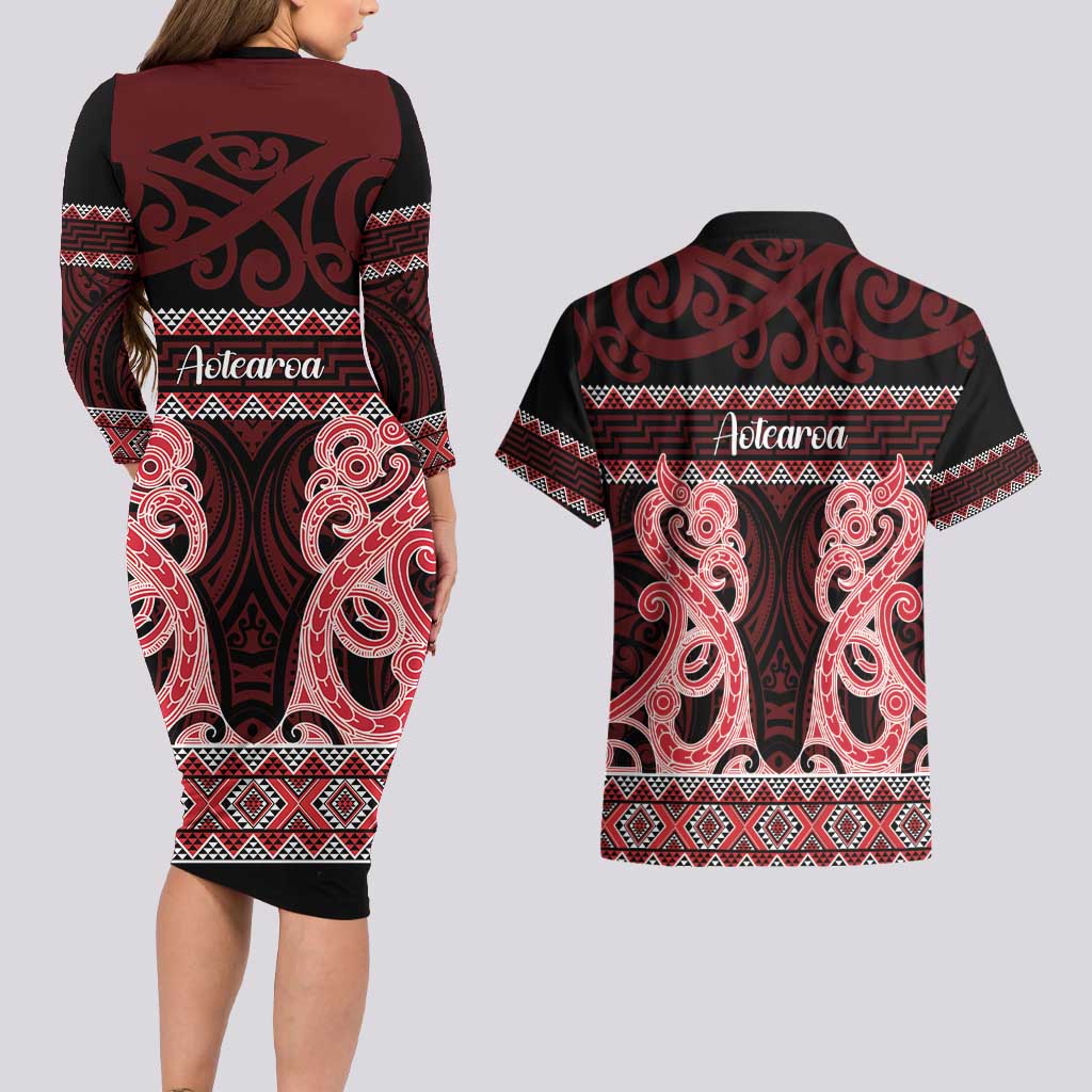 Kia Ora New Zealand Couples Matching Long Sleeve Bodycon Dress and Hawaiian Shirt Maori Language Week Whero Taniko Motif - Aussie Hoodie