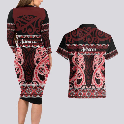 Kia Ora New Zealand Couples Matching Long Sleeve Bodycon Dress and Hawaiian Shirt Maori Language Week Whero Taniko Motif - Aussie Hoodie