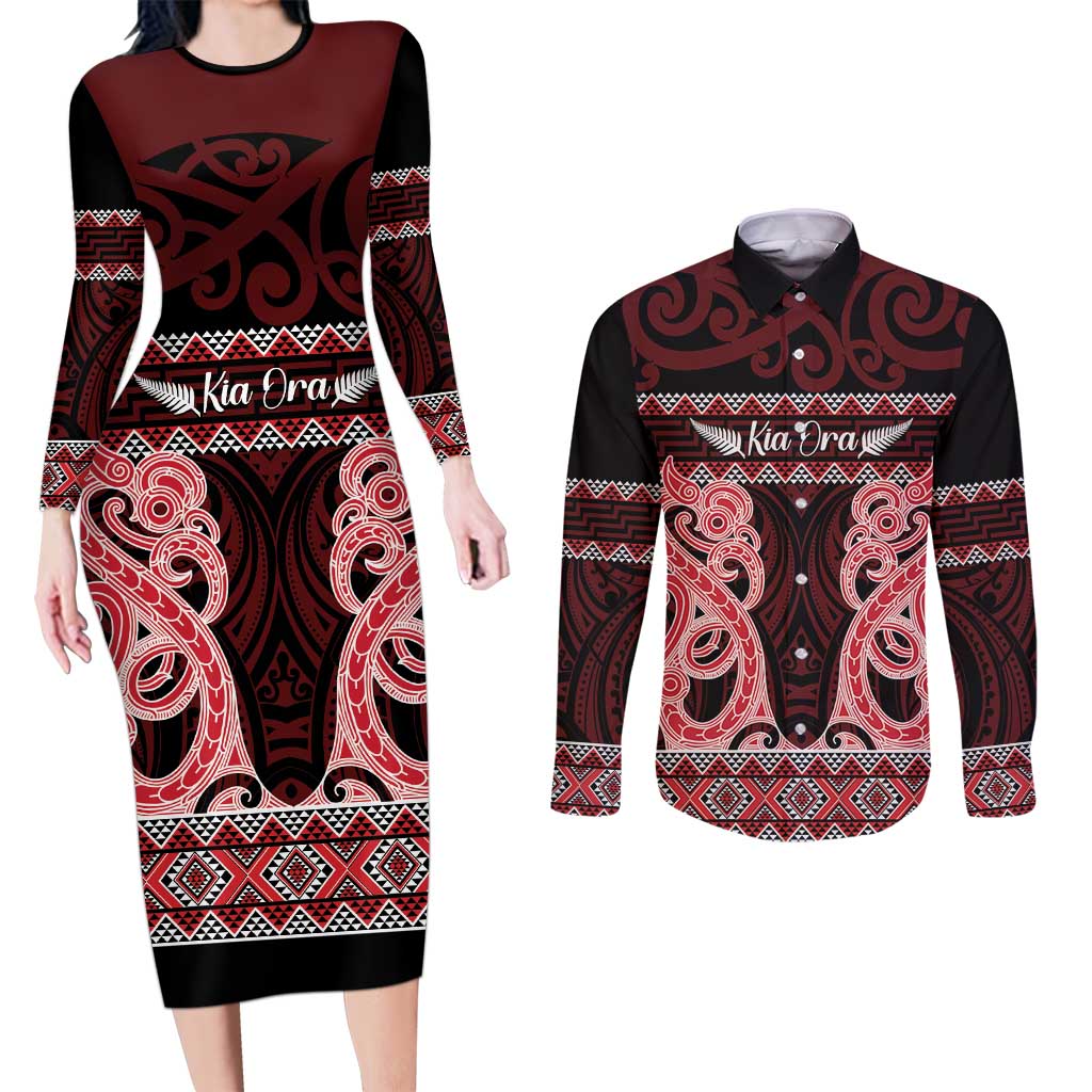 Kia Ora New Zealand Couples Matching Long Sleeve Bodycon Dress and Long Sleeve Button Shirt Maori Language Week Whero Taniko Motif - Aussie Hoodie