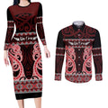 Kia Ora New Zealand Couples Matching Long Sleeve Bodycon Dress and Long Sleeve Button Shirt Maori Language Week Whero Taniko Motif - Aussie Hoodie