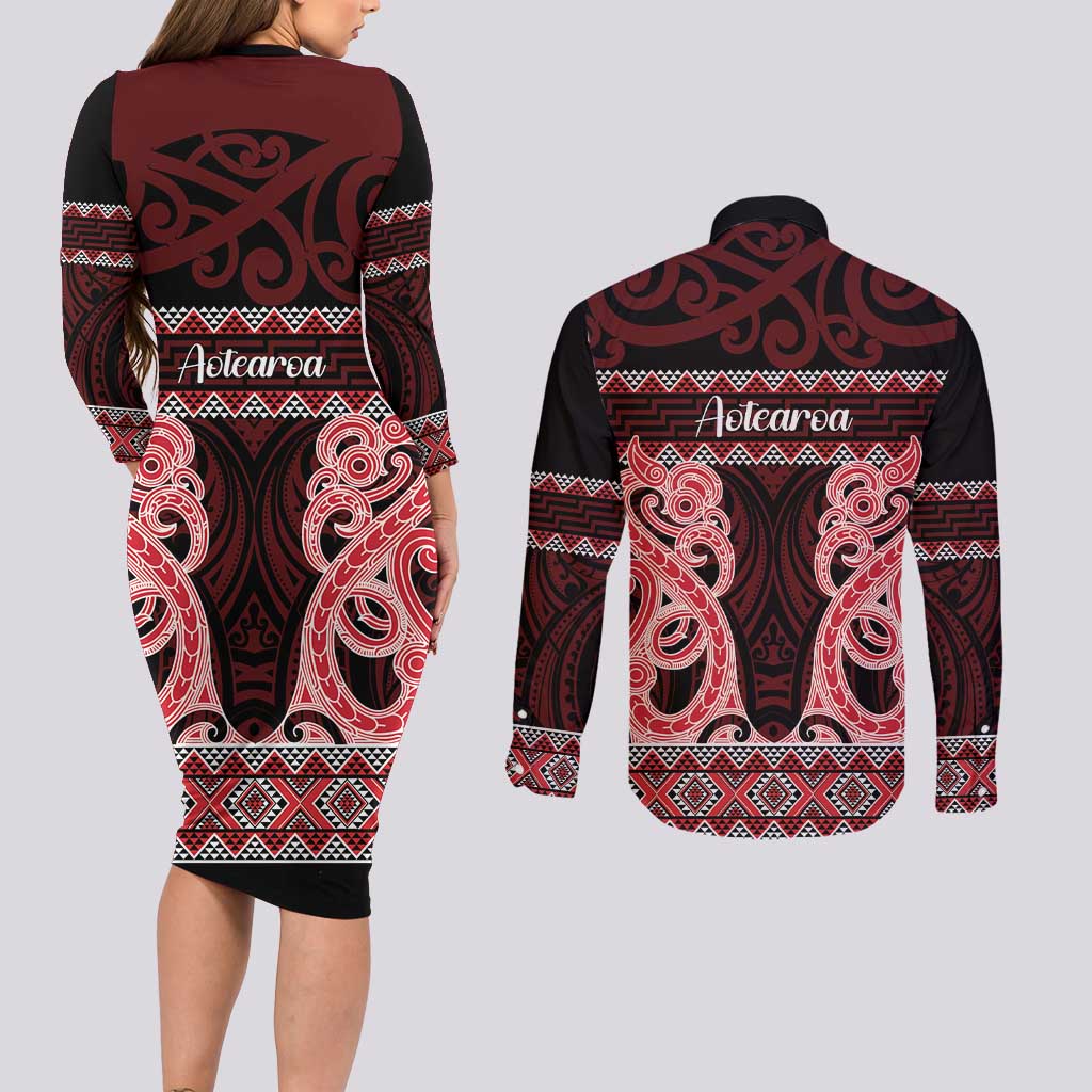 Kia Ora New Zealand Couples Matching Long Sleeve Bodycon Dress and Long Sleeve Button Shirt Maori Language Week Whero Taniko Motif - Aussie Hoodie