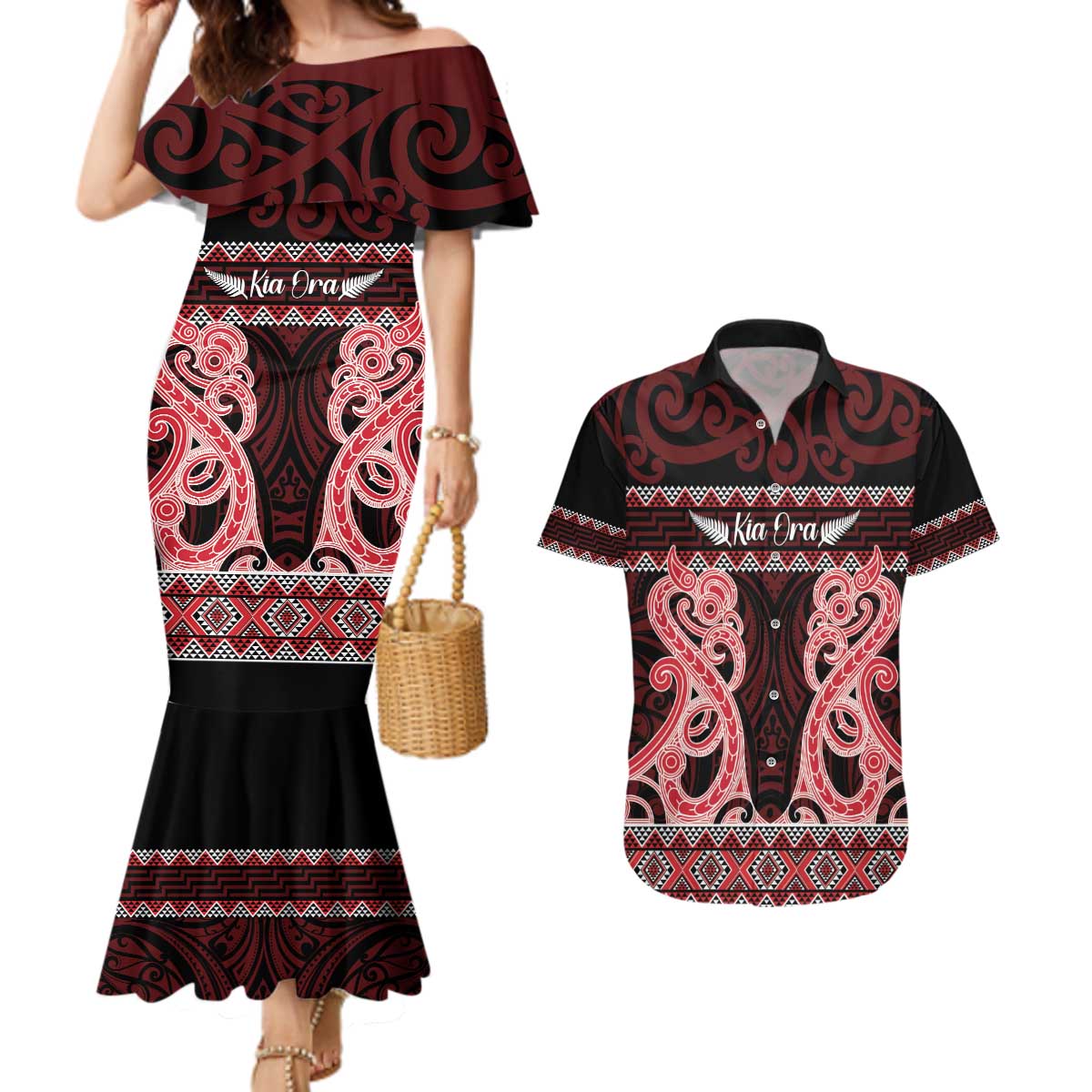 Kia Ora New Zealand Couples Matching Mermaid Dress and Hawaiian Shirt Maori Language Week Whero Taniko Motif - Aussie Hoodie