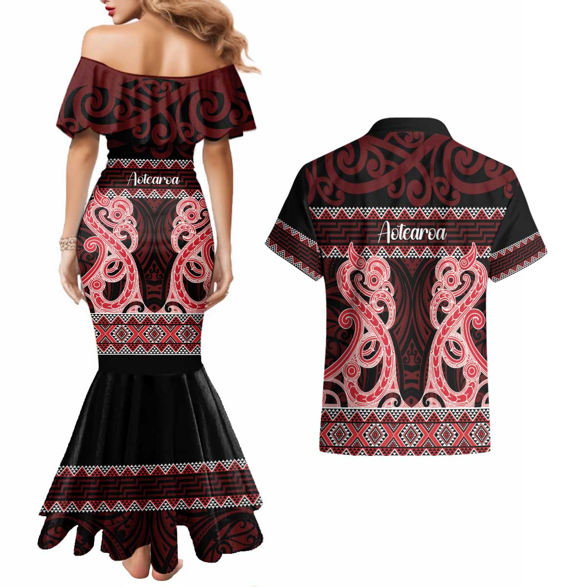 Kia Ora New Zealand Couples Matching Mermaid Dress and Hawaiian Shirt Maori Language Week Whero Taniko Motif - Aussie Hoodie