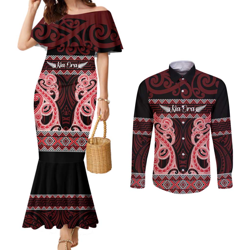 Kia Ora New Zealand Couples Matching Mermaid Dress and Long Sleeve Button Shirt Maori Language Week Whero Taniko Motif - Aussie Hoodie