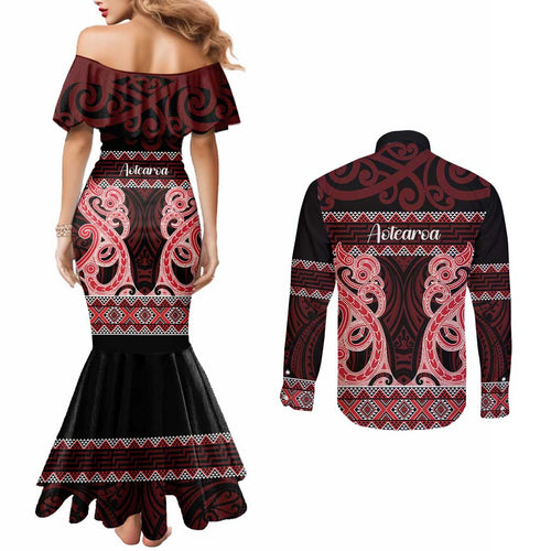 Kia Ora New Zealand Couples Matching Mermaid Dress and Long Sleeve Button Shirt Maori Language Week Whero Taniko Motif - Aussie Hoodie