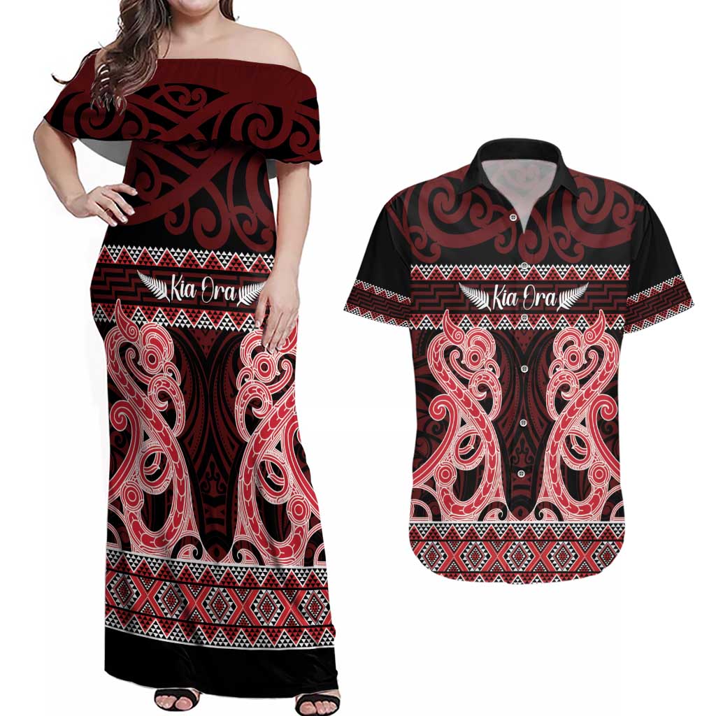 Kia Ora New Zealand Couples Matching Off Shoulder Maxi Dress and Hawaiian Shirt Maori Language Week Whero Taniko Motif - Aussie Hoodie