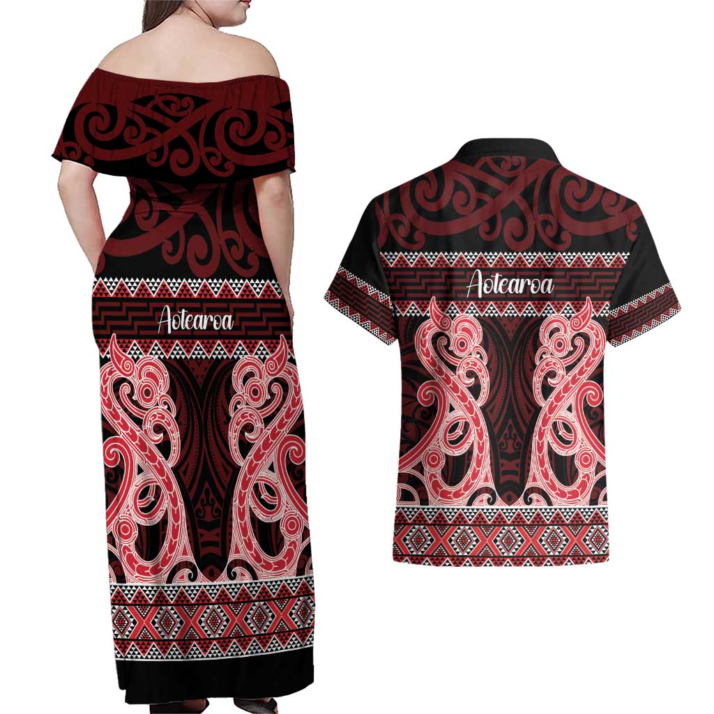 Kia Ora New Zealand Couples Matching Off Shoulder Maxi Dress and Hawaiian Shirt Maori Language Week Whero Taniko Motif - Aussie Hoodie