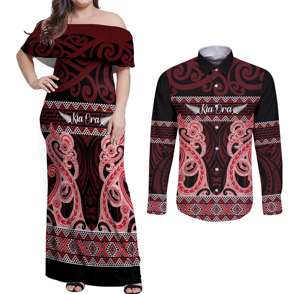 Kia Ora New Zealand Couples Matching Off Shoulder Maxi Dress and Long Sleeve Button Shirt Maori Language Week Whero Taniko Motif - Aussie Hoodie