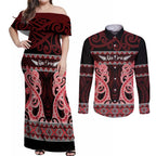 Kia Ora New Zealand Couples Matching Off Shoulder Maxi Dress and Long Sleeve Button Shirt Maori Language Week Whero Taniko Motif - Aussie Hoodie