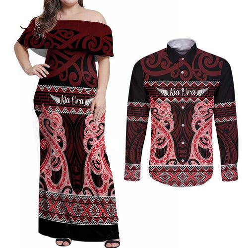 Kia Ora New Zealand Couples Matching Off Shoulder Maxi Dress and Long Sleeve Button Shirt Maori Language Week Whero Taniko Motif - Aussie Hoodie