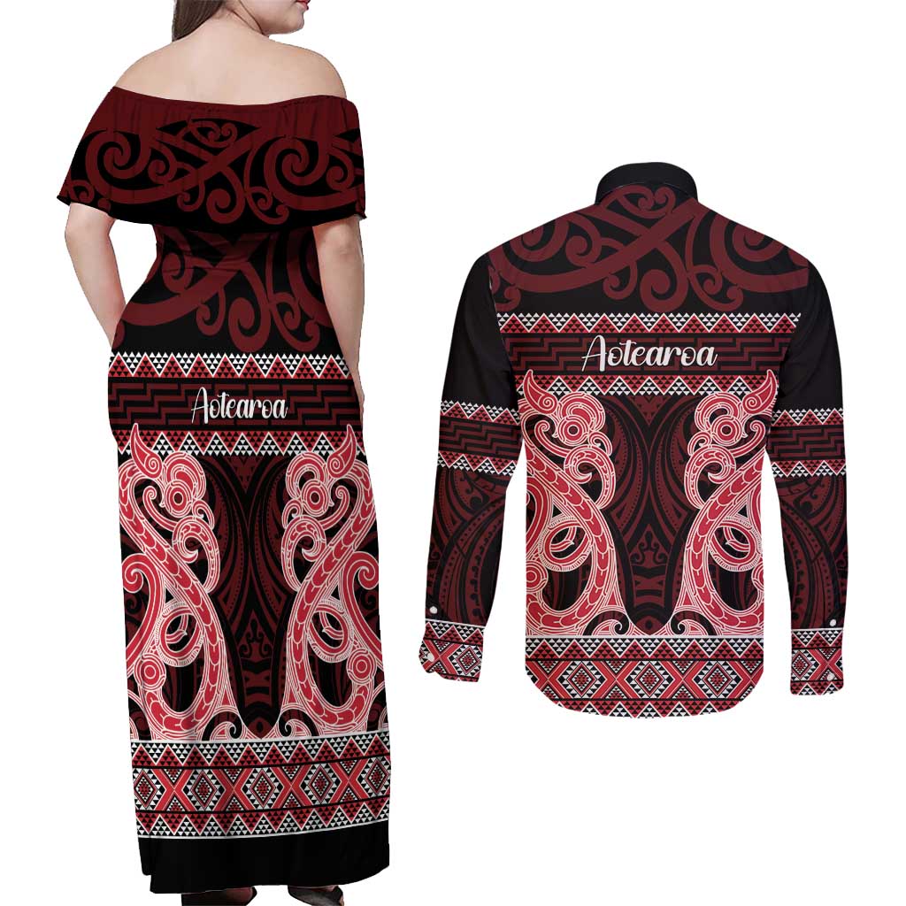 Kia Ora New Zealand Couples Matching Off Shoulder Maxi Dress and Long Sleeve Button Shirt Maori Language Week Whero Taniko Motif - Aussie Hoodie